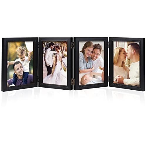 POILKMNI 4 Folding 5x7 Inch Hinged Picture Frame with 4 Openings | Natural Wood Foldable Photo Frame High Definition Acrylic for Mothers Day Father's Day Christmas Gift, Family Picture, Black - color: Black, size: 5x7