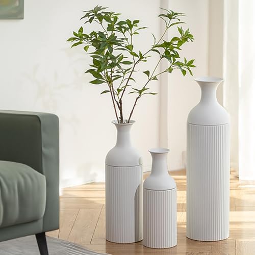 Sziqiqi White Modern Tall Floor Vase, Ribbed Metal Standing Decor, 3Pcs | 27/20/16in Metal Decorative Vases, Oversized Flower Holder, For Pampas Grass, Living Room, Fireplace, Hallway, Office - color: White