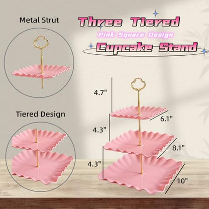 2 Pack of Pink Square Dessert Cupcake Stand, 3 Tiered Plastic Serving Tray | 3 Tier Cup Cake Holder Tower for Tea Party/Birthday/Wedding - color: Pink