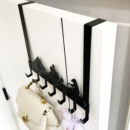 Over The Door Hanger Hooks with 7 Hooks, Black Metal No Drill Over Door Coat Rack for Towels, Coats, Hats, Bags & Robes, Bedroom Bathroom Closet Dorm Entryway Organizer, Fits 1.4–1.7'' Standard Doors