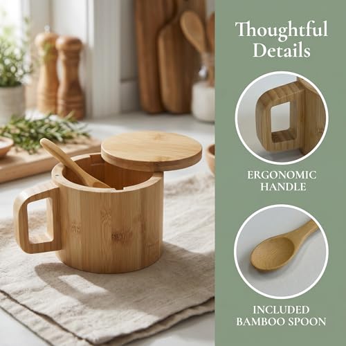 Bamboo Salt Cellar with Handle, 10oz Magnetic Swivel Lid & Spoon(2 Pack) | Food-Safe Bamboo Salt Cellar with Integrated Handle, 10oz Magnetic Swivel Lid & Spoon, for Kitchen Cooking & Grilling