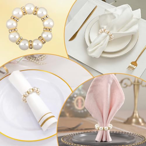60 Pcs Pearl Napkin Rings Set - Elegant Faux Rhinestone Beaded Napkin Holders, Serviette Buckles for Cloth Napkins, Weddings, Banquets, Holiday Dinner Parties & Table Decor