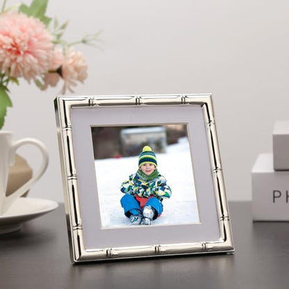 YiPinYin 4x4'' Silver Bamboo Metal Picture Frame with 3x3'' Mat Set of 2, 3x3'' Narrow Elegant Silver Plated Metal Picture Frame with Soft Touch Velvet Mat for Desktop - color: Silver, size: 4x4 Mat 3x3 2PK