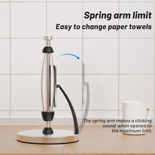VEHHE Paper Towel Holder Countertop, One-Handed Tear, Stainless Steel, Stand Paper Towel Holder with Spring Activated Arm & Non Slip Weighted Base, for Kitchen Bathroom (Silver) - color: Silver, size: Eva Pad Base