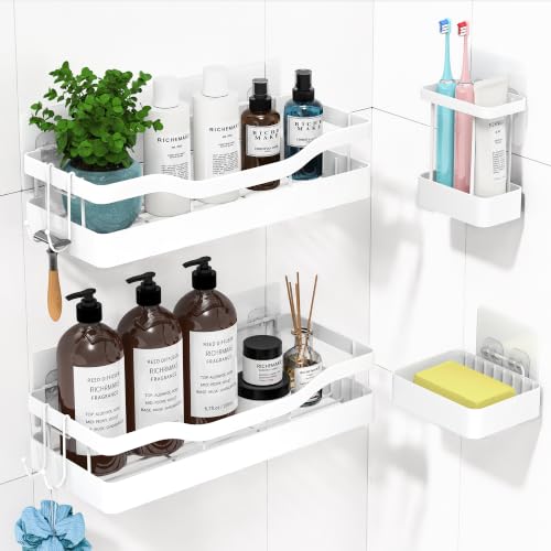 Heavy-Duty Adhesive Shower Shelves, White Storage Shelf | No Drill Wall Mounted Stainless Steel Shower Caddy Set with 44lbs Max Load, 0.43" Wire Spacing, Toothbrush & Soap Holder - color: White
