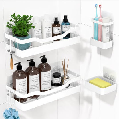 Heavy-Duty Adhesive Shower Shelves, White Storage Shelf | No Drill Wall Mounted Stainless Steel Shower Caddy Set with 44lbs Max Load, 0.43" Wire Spacing, Toothbrush & Soap Holder - color: White