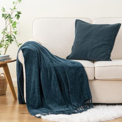 BATTILO HOME Navy Blue Chenille Throw Blanket for Couch, Soft Cozy Textured Knit Throw Blanket with Handmade Fringe Tassels, Lightweight Decorative Farmhouse Blanket for Sofa Bed Chair, 50"x60" | Soft Chenille Knit with Handmade Fringe Tassels, Lightweigh