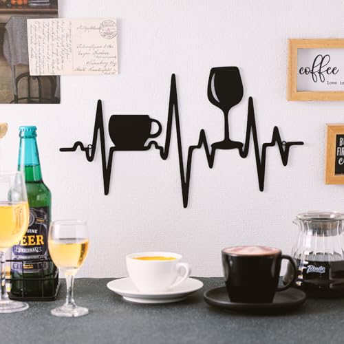 Blulu Heartbeat Coffee and Wine Bar Sign 15.75 x 9.04 Inch Rustic Black Metal Wine Art Wall Decor Wall Hanging for Farmhouse Kitchen Home Bar Cafe Decor - color: Black