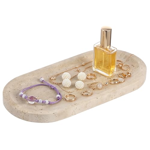 Marble Tray in Oval Travertine, 9.8 x 4.7 in Decorative Stone Organizer for Perfume Candles and Jewelry, Polished Storage with Non-Slip Base, for Bathroom Vanity Dresser and Kitchen Counter