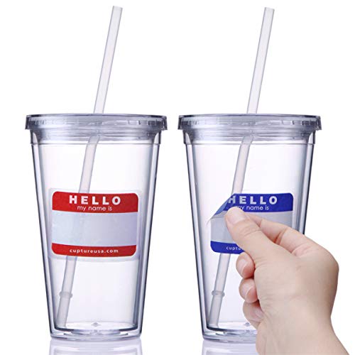 Cupture Classic Insulated Double Wall Tumbler Cup with Lid, Reusable Straw & Hello Name Tags - 16 oz, 2 Pack (clear) - color: Clear