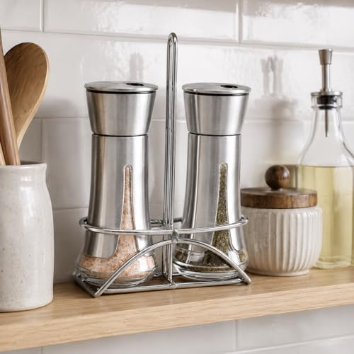 Aelga Salt and Pepper Shakers with Holder, Salt Shaker for the Kitchen with Adjustable Pour Holes for Himalayan, Kosher, and Sea Salts - color: Silver