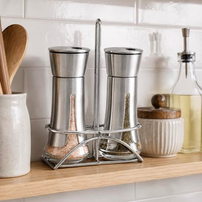 Aelga Salt and Pepper Shakers with Holder, Salt Shaker for the Kitchen with Adjustable Pour Holes for Himalayan, Kosher, and Sea Salts - color: Silver