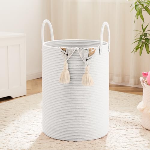 Artfeel Laundry Basket,Woven Cotton Rope Laundry Hamper,100L for Decorative Storage of Dirty Clothes,Toys and Blankets in Bathroom,Baby Room and Living Room - color: White, size: 100L