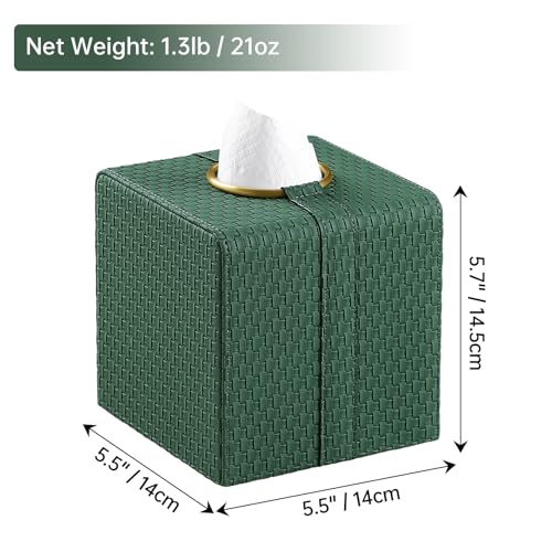 Square Tissue Box Cover with Magnetic Closure, Forest Green | Luxury PU Leather Tissue Holder with Gold Tone Metal Opening, Fits All Standard Cube Tissue Boxes - color: Forest Green