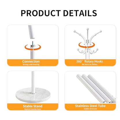 ZOZOE Metal Coat Rack Stand, Modern Coat Rack Freestanding with Natural Marble Base, 360° Rotary Design Coat Racks with 14 Hooks,White Coat Tree Hanger Stand for Bags,Hats,Entryway,Office - color: White 14 Hooks