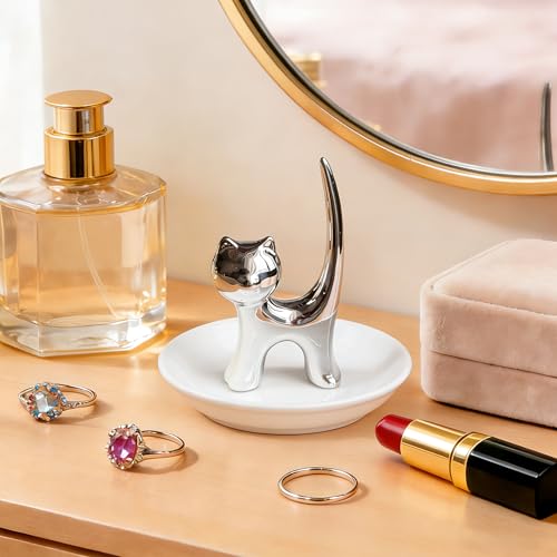 PUDDING CABIN Ring Holder Dish, Sliver Cat, Jewelry Storage for Women, Cat Lover Gifts, Christmas, Mother's Day, Birthday, Wedding, Engagement, Valentine's Day - style: Long Tail Cat