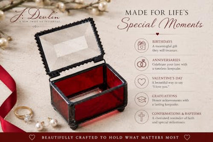 J Devlin Red Glass Ring Box Small Keepsake Trinket Box Beveled Lid | Small red glass ring box with beveled lid for rings earrings charms and treasured keepsakes - color: Red