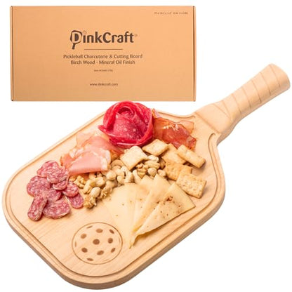 Pickleball Charcuterie & Cutting Board, Pickleball Gift, Partner Size - 17 x 8.5 x 0.75”, Birch Wood, Paddle Shape with Handle, Mineral Oil Finish - size: 17"L x 8.5"W