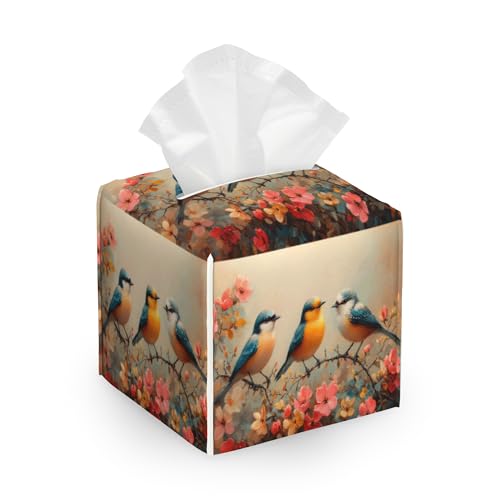 Tissue Box Cover,Flower and Bird Leather Tissue Holder Organizer Portable Square Decorative Facial Paper Case for Home Office Bathroom Vanity Countertop - color: Flower and Bird