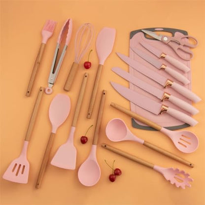 Kitchen Utensils Set,19 Pcs Cooking Tools and Knives Set,Cutting Board, Silverware Set, with Utensil Holder Precision Cutting and Organized Dining Kitchen Tool (Purple) - color: Purple