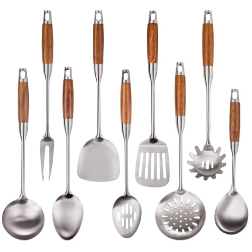9 PCS 304 Stainless Steel Cooking Utensils set with Wooden Handle, Metal Kitchen Utensils Set, Large Heat Resistant Wooden Handle Kitchen Tools, Stainless Steel Wok Spatula