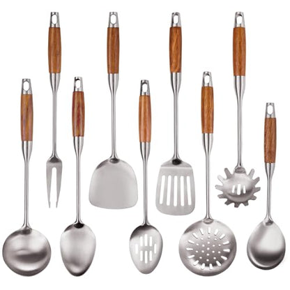 9 PCS 304 Stainless Steel Cooking Utensils set with Wooden Handle, Metal Kitchen Utensils Set, Large Heat Resistant Wooden Handle Kitchen Tools, Stainless Steel Wok Spatula