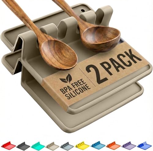 Cooler Kitchen Cream Silicone Spoon Rest for Stove Top with Drip Pad (Two Pack) - Heat-Resistant, BPA-Free Utensil Rest & Spoon Holder for Kitchen Counter - Grill Utensil Holder for Spatulas - color: Oatmeal, size: Medium - 2 Packs
