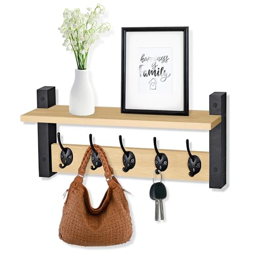 Sorbus Coat Hooks Wall Mount with Shelf – 16 Inch Coat Rack Wall Mount with 5 Heavy Duty Hooks – Floating Wall Shelf with Hooks for Entryway, Bathroom, Bedroom, Kitchen, or Mudroom (Maple Wood) - color: Maple Wood, size: 16 Inch