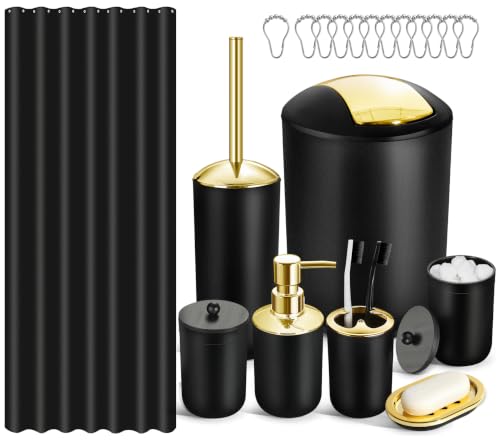 Bathroom Set, 20Pcs Bathroom Shower Curtain Sets with Hooks, Black Bathroom Accessories Set with Trash Can, Bathroom Accessories Sets Complete with Shower Curtain Set, Bathroom Accessory Set - color: Black+gold, size: 7Pcs Bathroom Set + Shower Curtain