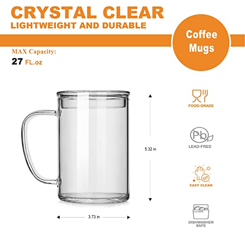 LUXU Glass Coffee Mugs (Set of 2),27oz Large Glass Coffee Cups Clear Glass Tea Cups Overnight Oats Containers with Glass Lid,Cute Coffee Bar Accessories,Iced Coffee Glasses for Latte,Cereal,Yogur - style: 27 oz large coffee mugs