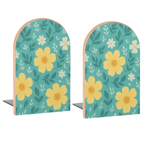 Yellow Flowers Spring Leaves Book Ends Decorative Wood Bookends for Shelves Kids Room Desk Home Office Book Stoppers for Magazines,Books, DVDs, 1 Pair/2 Pieces(5x3.1 in) - color: Yellow Flowers Spring Leaves