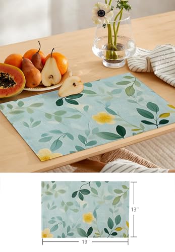 Table Runner and Placemats Set of 6 Flowers Leaves Decorative Dining Table Runner with Matching Placemats Spring Pastoral Table Decor for Kitchen Dining Room and Everyday Use 13x90in - size: 13"x90"+6pcs