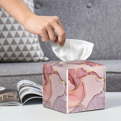Pink Gold Liquid Marble Tissue Box Cover Square,Modern Marble Texture Tissue Box Holder Waterproof Leather Facial Paper Organizer Dispenser for Bathroom Home Car Nightstand Vanity Desk - color: Color-1