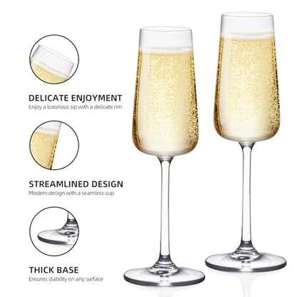KAMMAK Champagne Flutes, Crystal Glass,220ML Champagne Glasses, Set of 2 | Clear Champagne Flutes with Long Stem and Thin Rim for Wine, Weddings, Anniversaries, Parties and Gifts, CP23 - style: Cp23