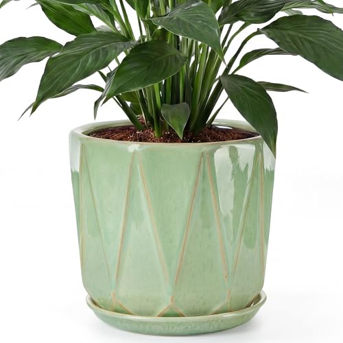 10 Inch Ceramic Plant Pot with Drainage Hole Mesh Net, Large Flower Pots for Indoor Plants with Saucer, Gardening Pots Outdoor (Crackle-Green) - color: Crackle-green, size: 10 Inch