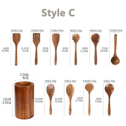 11 Pcs Acacia Wood Kitchen Utensils Set with Storage Holder, Handcrafted Natural Wooden Cooking Tools, Gentle for Non-Stick Cookware, Farmhouse Kitchen Decor & Ideal Housewarming Gift Style-C