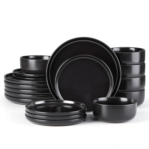 E-far Stoneware Dinnerware Sets for 6, 18-Piece Plates and Bowls Set, Modern Ceramic Dishes Dinning Ware, Microwave & Dishwasher Safe - Matte Black - color: Matte Black, size: Service for 6