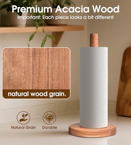 Acacia Wood Paper Towel Holder Stand – Wooden Kitchen Paper Towel Holder Countertop, PTHA, Freestanding Roll Holder for Kitchen & Bathroom & Farmhouse, Large - size: Large, style: Classic Acacia