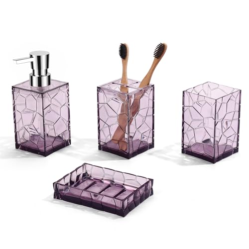 GAHEFY Lavender Purple Bathroom Accessories Set with Toothbrush Holder, Soap Dispenser, Tumbler, Soap Dish, Purple Bathroom Decor,Acrylic (Purple-4pcs) - style: Purple-4pcs