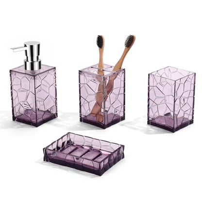 GAHEFY Lavender Purple Bathroom Accessories Set with Toothbrush Holder, Soap Dispenser, Tumbler, Soap Dish, Purple Bathroom Decor,Acrylic (Purple-4pcs) - style: Purple-4pcs