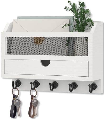 Nekon Key and Mail Holder for Wall, Key Organizer with 5 Hooks & Storage Drawer, 11" W x 7.9" H x 3.1" D Wooden Key Rack for Entryway and Home Decor (White) - color: White