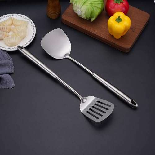 6 PCS All Metal Cooking Utensils Set - 18/10 Stainless Steel Kitchen Tools | Professional Cooking Spoons Set, 15" Spatula, Ladle, Skimmer Spoon, Pasta Serve, Large Spoon, Slotted Spatula Turner - color: 6-Pieces