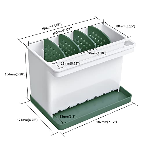 JOMOLA Kitchen Sink Organizer Dish Brush Sponge Holder Caddy Toothbrush Holders for Bathrooms Sinkware Kitchen Utensil Holder Sink Caddy Organizer with 4 Separate Dividers Removable Drain Tray (Green) - color: Green