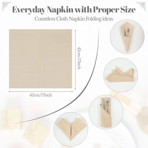 PLOYMONO Beige Cloth Napkins - 8 Pack 17" x 17" Washable Polyester Napkins | Heavy Duty 180 GSM Cloth Napkins with Hemmed Edges - Great for Restaurants, Weddings, Parties, Banquets Dinner - color: Beige