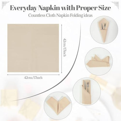 PLOYMONO Beige Cloth Napkins - 8 Pack 17" x 17" Washable Polyester Napkins | Heavy Duty 180 GSM Cloth Napkins with Hemmed Edges - Great for Restaurants, Weddings, Parties, Banquets Dinner - color: Beige
