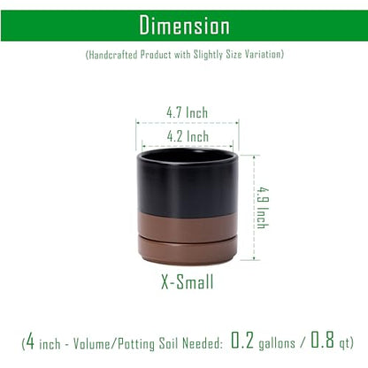 D'vine Dev 4-Pack Ceramic Pots with Saucers, Black/Tan, 4.7 in, 94-X-B-7 | Glazed Ceramic, Drainage Hole and Saucer, Sleek Cylinder Shape, High Temperature Fired, Ideal for Small Houseplants - color: Black/Speckled Tan, size: 4.7 Inch