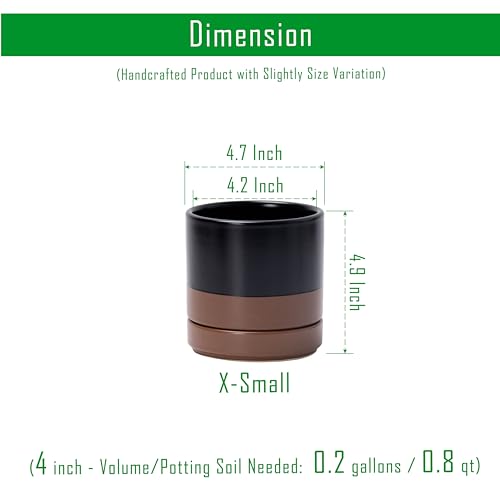 D'vine Dev 2-Pack Ceramic Pots with Saucers, Black/Tan, 4.7 in, 94-V-B-7 | Modern Cylinder Design, Glazed Ceramic, Drainage Hole & Saucer Included, High Temperature Fired, Elegant Home Accent - color: Black/Speckled Tan, size: 4.7 Inch