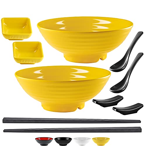 Unbreakable Ramen Bowl Set with Chopsticks and Spoon: 2 large Japanese Style Melamine Ramen Bowls, Dipping Bowls and Chopstick Stands for Asian Pho Soup Thai Miso Udon Wonton (2 Bowl Set, Yellow) - color: Yellow, size: 2 Bowl Set