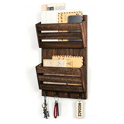 MOOACE Mail Organizer Wall Mount, Wood Mail and Key Holder with Hooks | 2-Slot Mail Sorter Organizer, Office File Organizer Letter Folder for Home Farmhouse Entryway Wall Decor