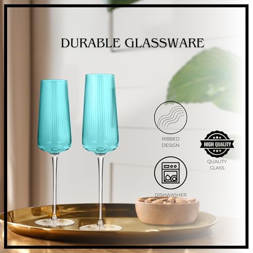 ARTLAND Soho Optic 8.5 oz Champagne Flute, Set of 4 - Modern Contemporary Stemmed Glasses - Ideal for Weddings, Parties, Prosecco, Sparkling Wine, Excellent Gift Idea, Dishwasher Safe (Turquoise) - color: Light Turquoise, style: Champagne Flute (4-Piece)